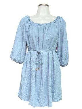 Lykke Saigon Medium Cotton Blend Blue Peasant Dress with Waist Tie